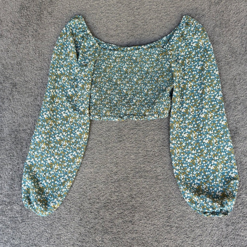 Altar'd State Teal Blue Floral Smocked Back Crop Top Long Sleeve BE22079‎ XS - Picture 6 of 6